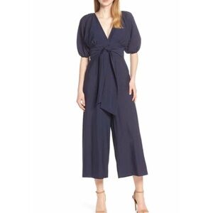 NWT KEEPSAKE THE LABEL Navy Blue Luminous Plunge Neck Crop Wide Leg Jumpsuit M